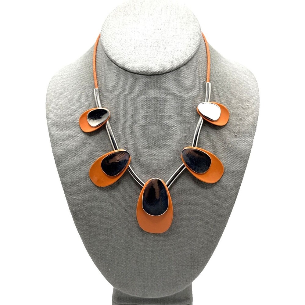Orange & Silver Tone Enamel Bib Necklace Funky Psychedelic Statement 17" to 19"